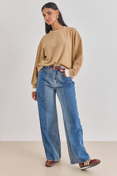 חולצת פוטר ג׳יימי בד משולב | חום