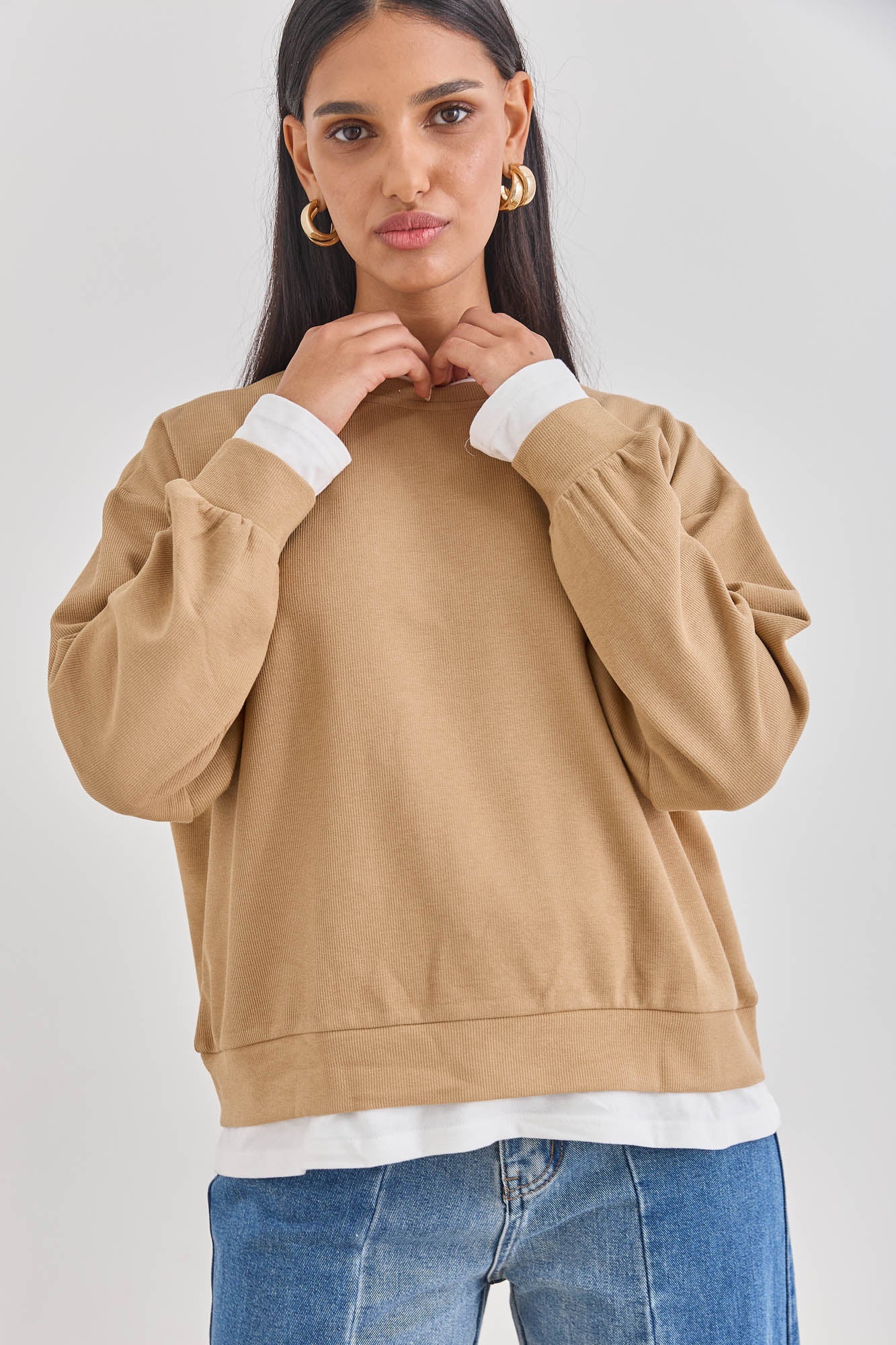 חולצת פוטר ג׳יימי בד משולב | חום