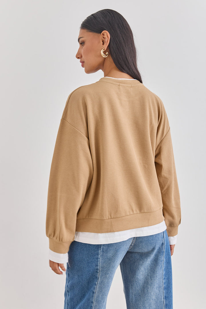 חולצת פוטר ג׳יימי בד משולב | חום