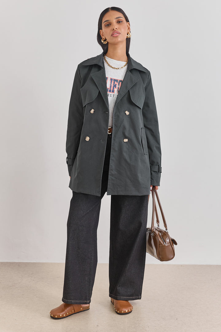 מעיל טראנץ' גרייסלין כפתורי נמר בשילוב רקמת לוגו | אפור כהה