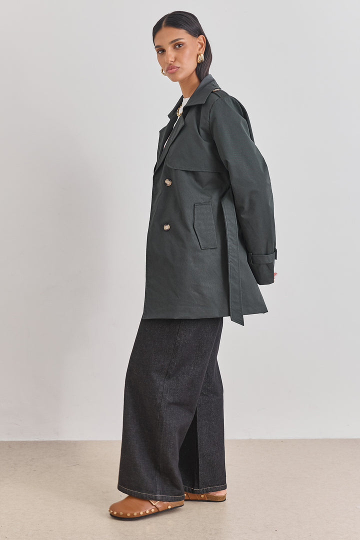 מעיל טראנץ' גרייסלין כפתורי נמר בשילוב רקמת לוגו | אפור כהה