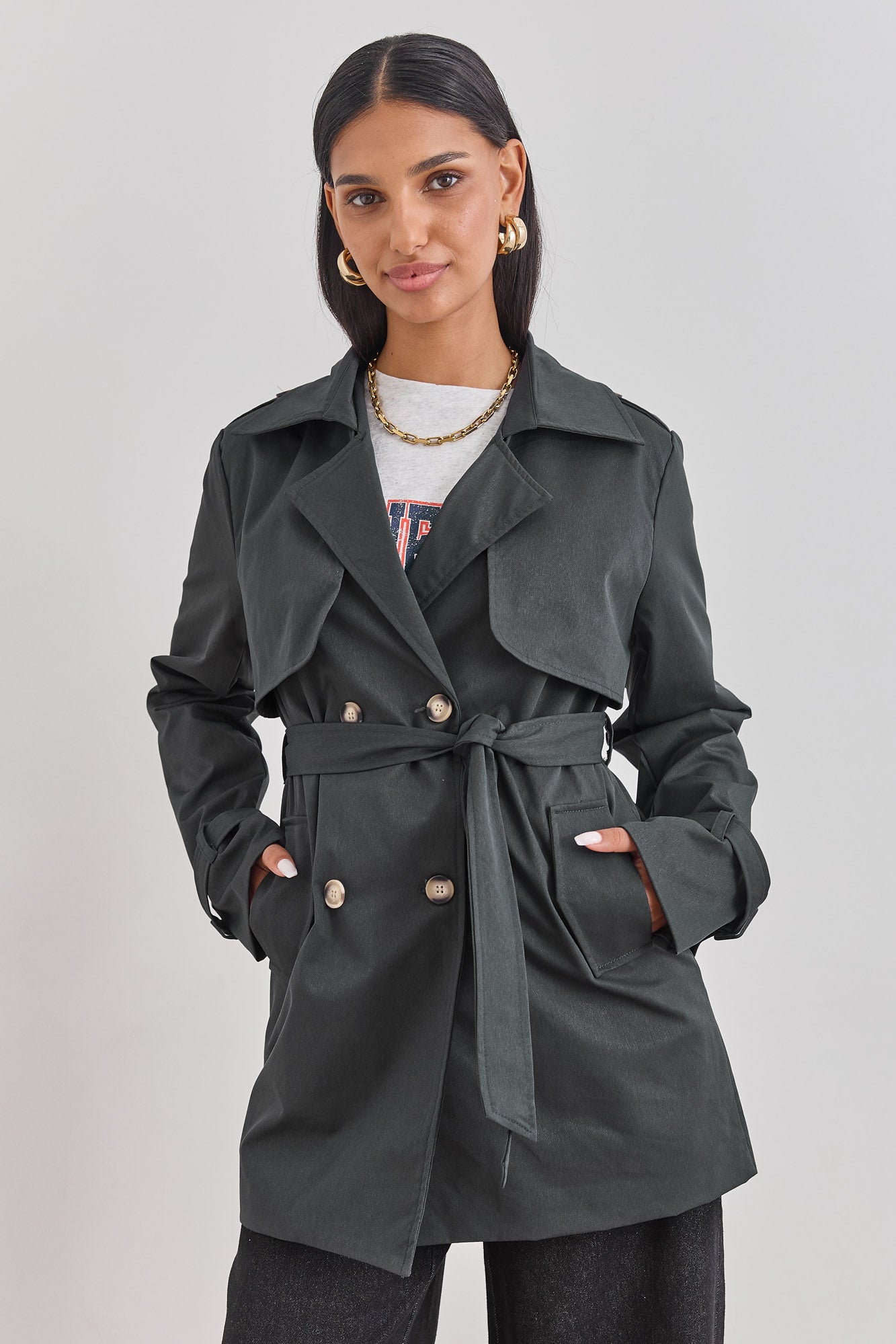 מעיל טראנץ' גרייסלין כפתורי נמר בשילוב רקמת לוגו | אפור כהה