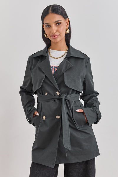 מעיל טראנץ' גרייסלין כפתורי נמר בשילוב רקמת לוגו | אפור כהה