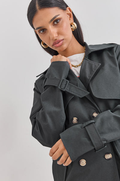 מעיל טראנץ' גרייסלין כפתורי נמר בשילוב רקמת לוגו | אפור כהה