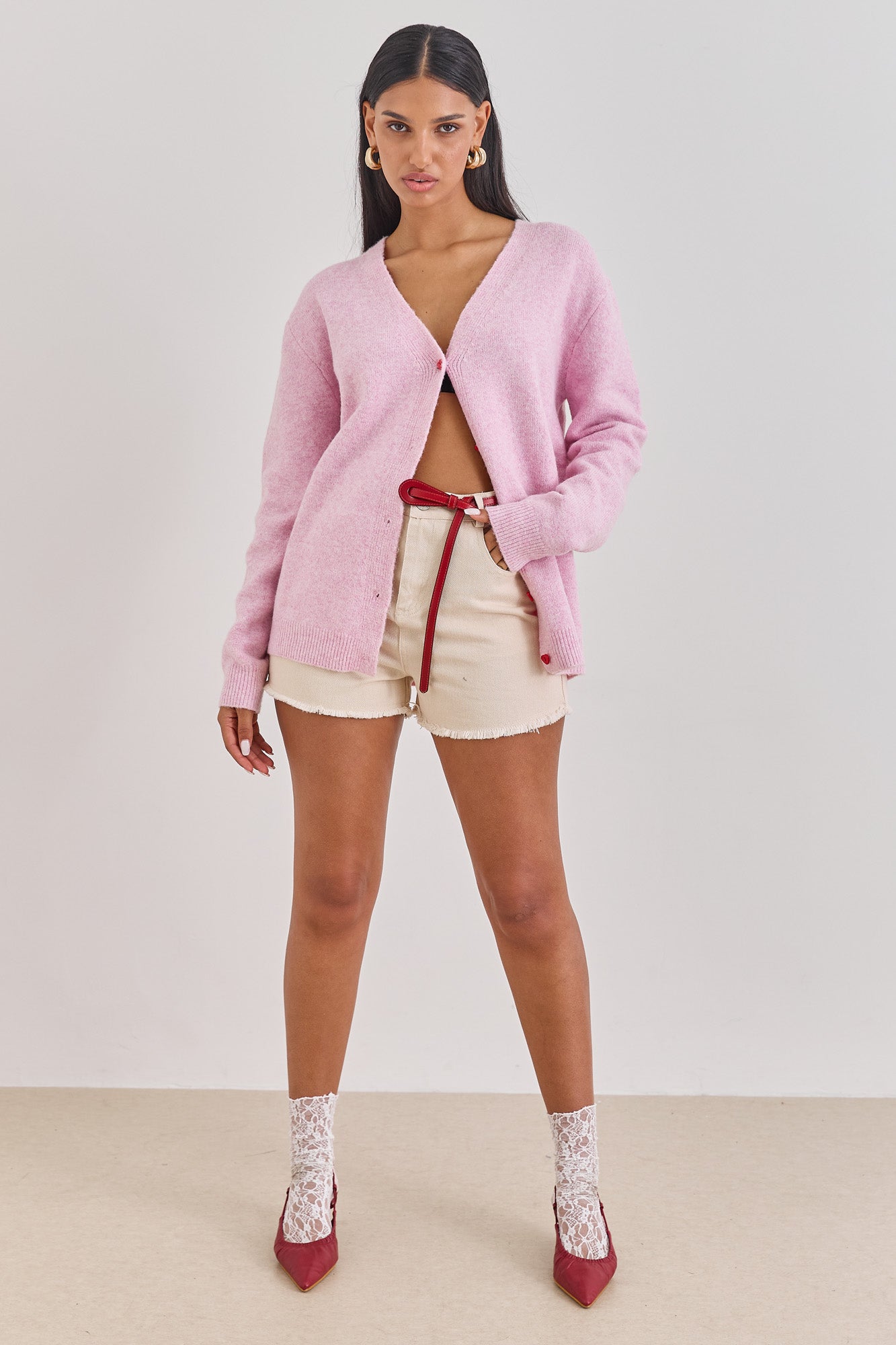 קרדיגן סריג קלואי כפתורי לב | ורוד