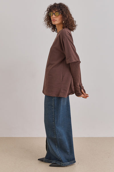 טי שירט ריי שרוול ארוך כפול | חום