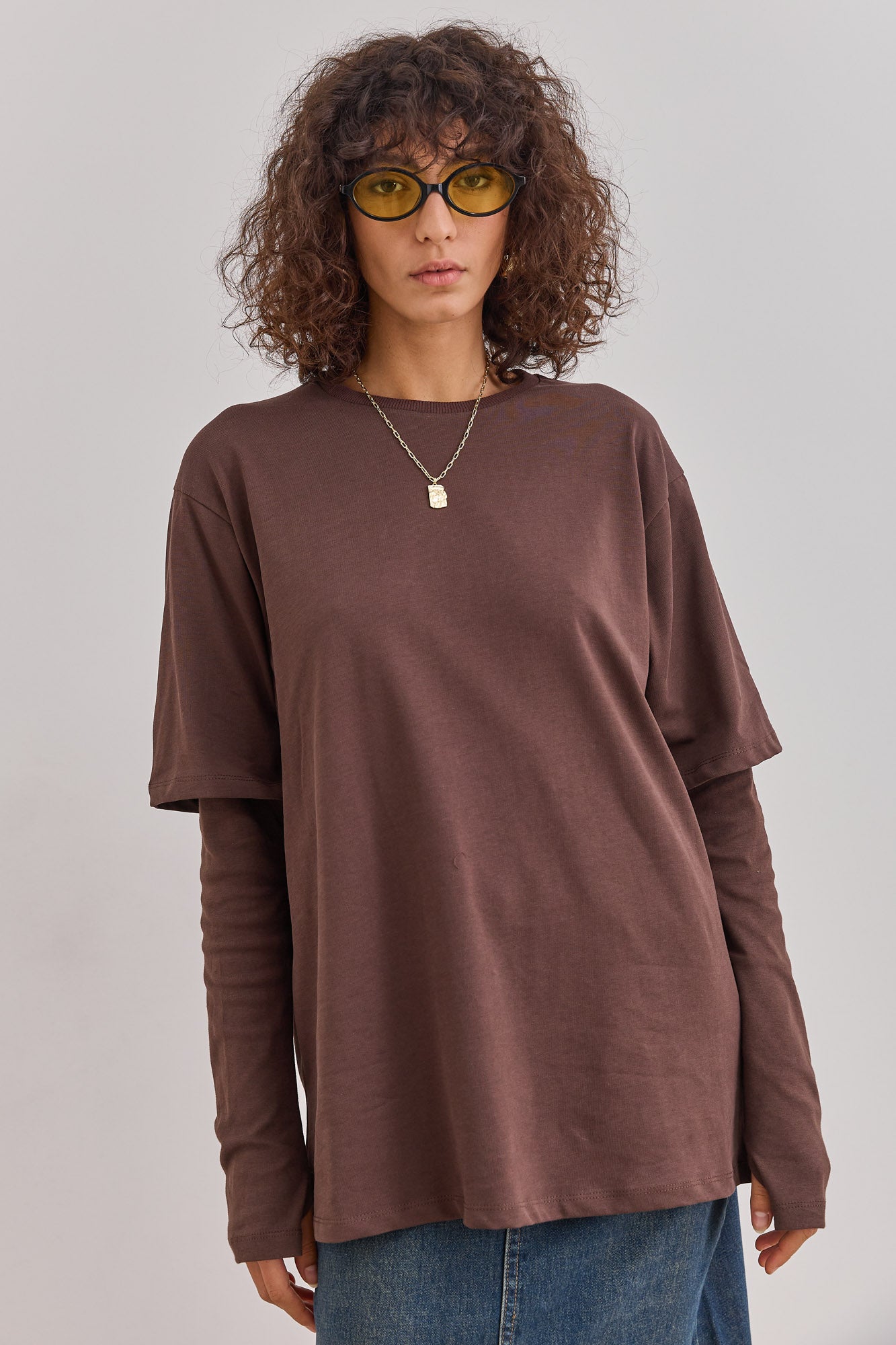 טי שירט ריי שרוול ארוך כפול | חום