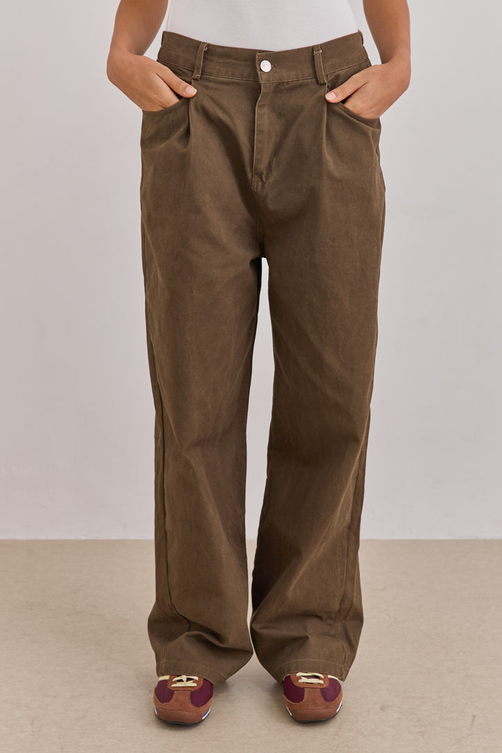 מכנסי דנים ברי גזרה רחבה | חום