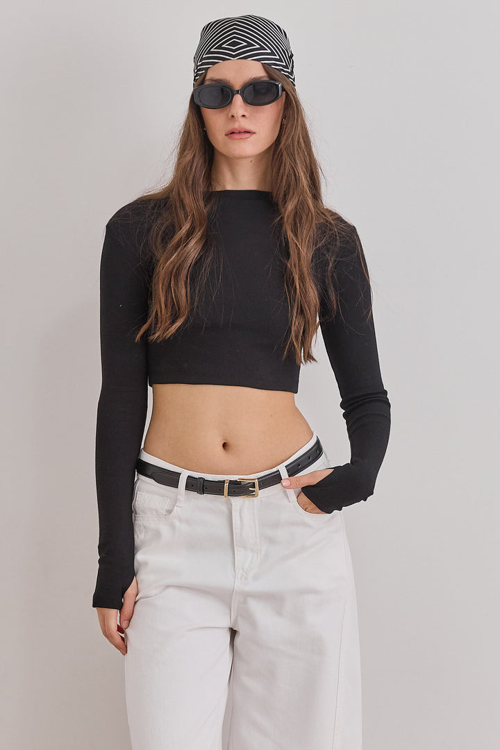 חולצת קרופ ויולט בד ריב שרוול כפפה | שחור