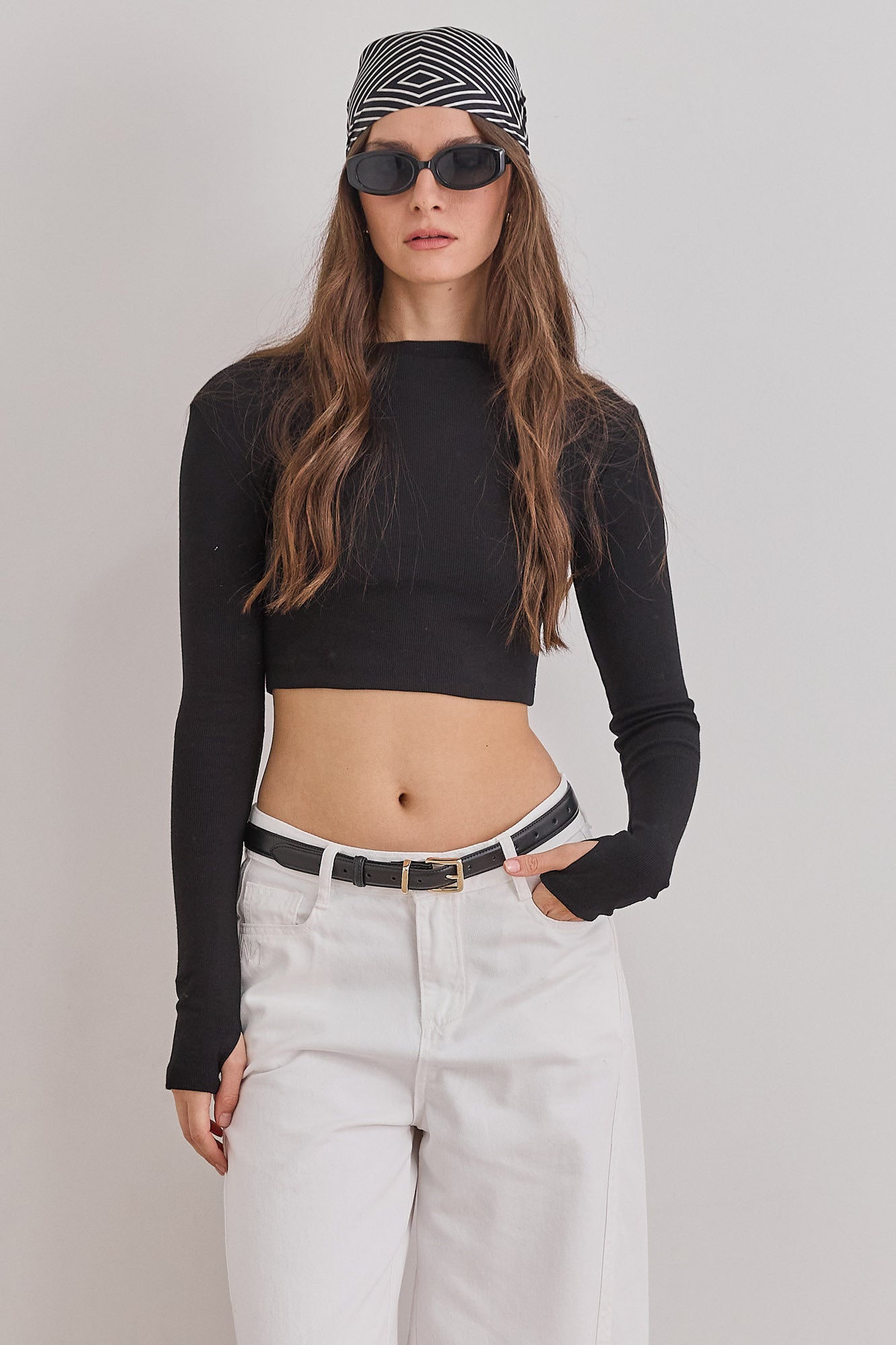 חולצת קרופ ויולט בד ריב שרוול כפפה | שחור