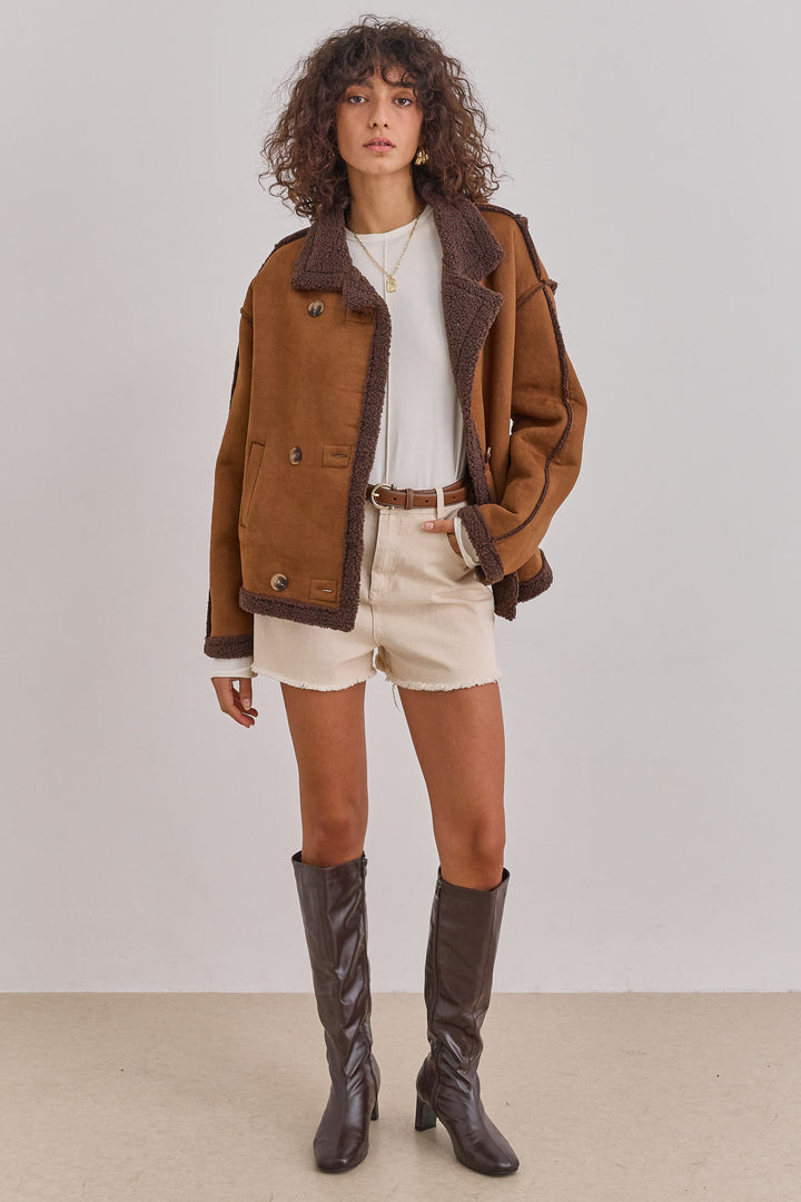 מעיל זמש בריג'יט בשילוב פרווה | חום