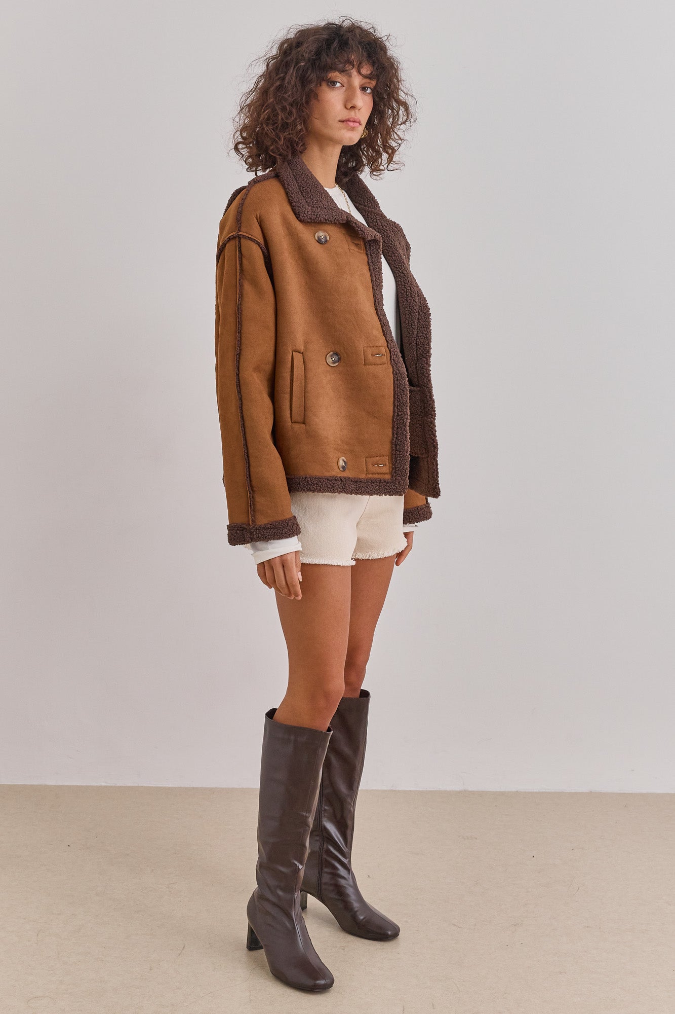 מעיל זמש בריג'יט בשילוב פרווה | חום