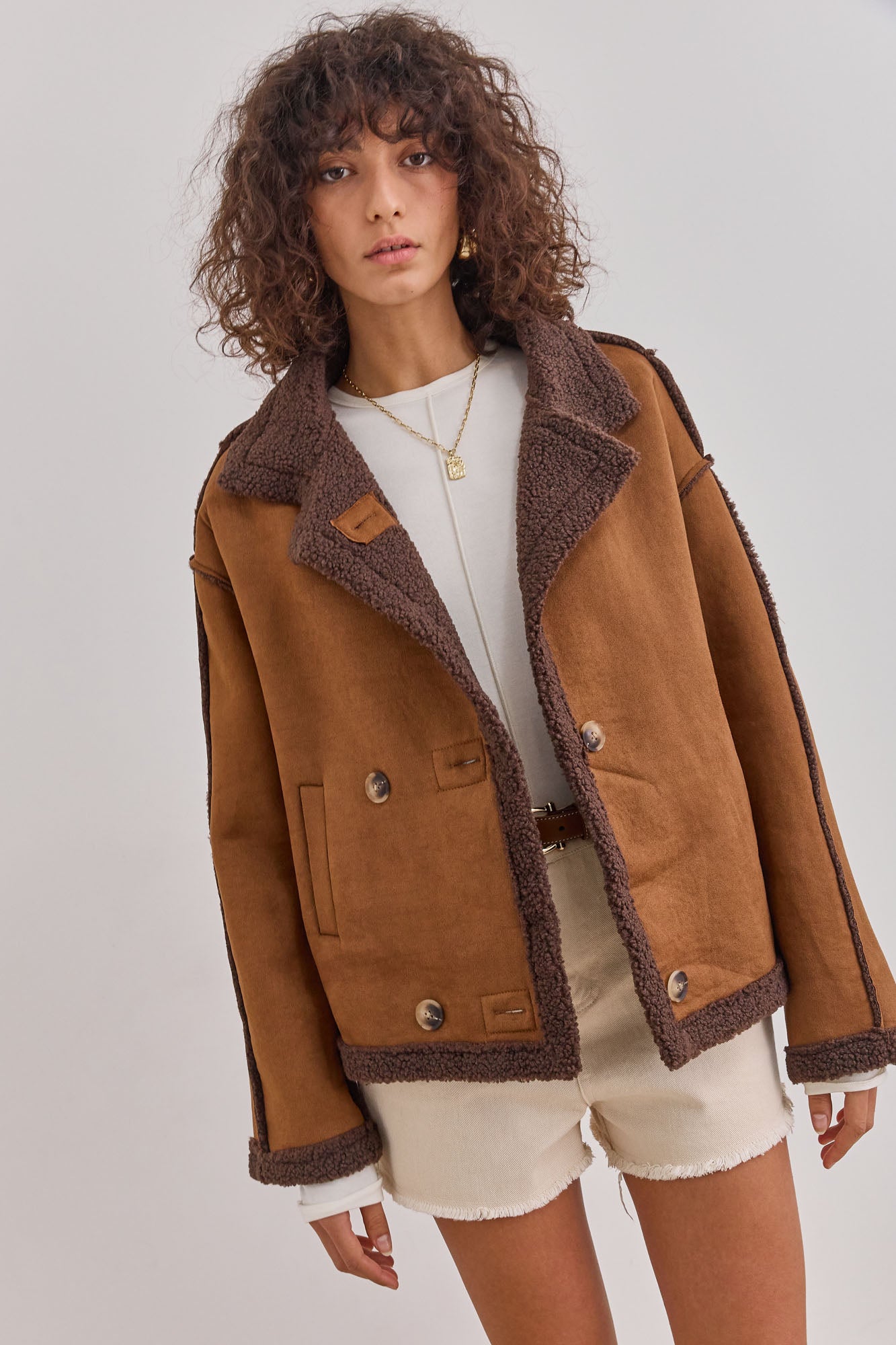 מעיל זמש בריג'יט בשילוב פרווה | חום