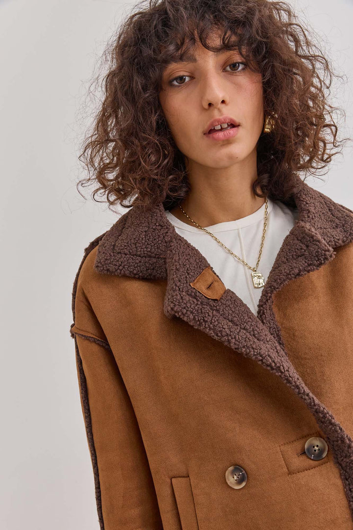 מעיל זמש בריג'יט בשילוב פרווה | חום