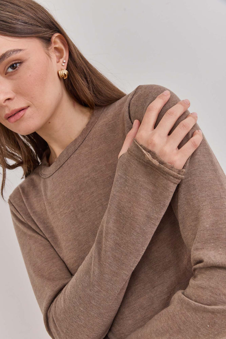 טי שירט דמוי פשתן מיילו שרוול כפפה | חום