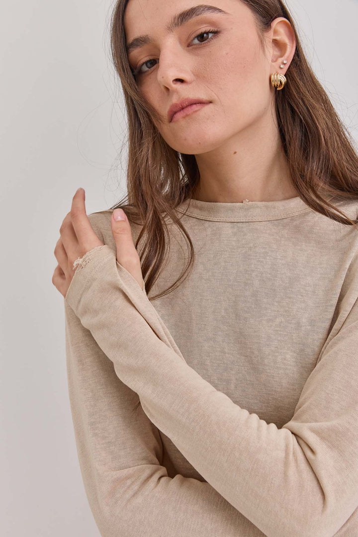 טי שירט דמוי פשתן מיילו שרוול כפפה | בז׳