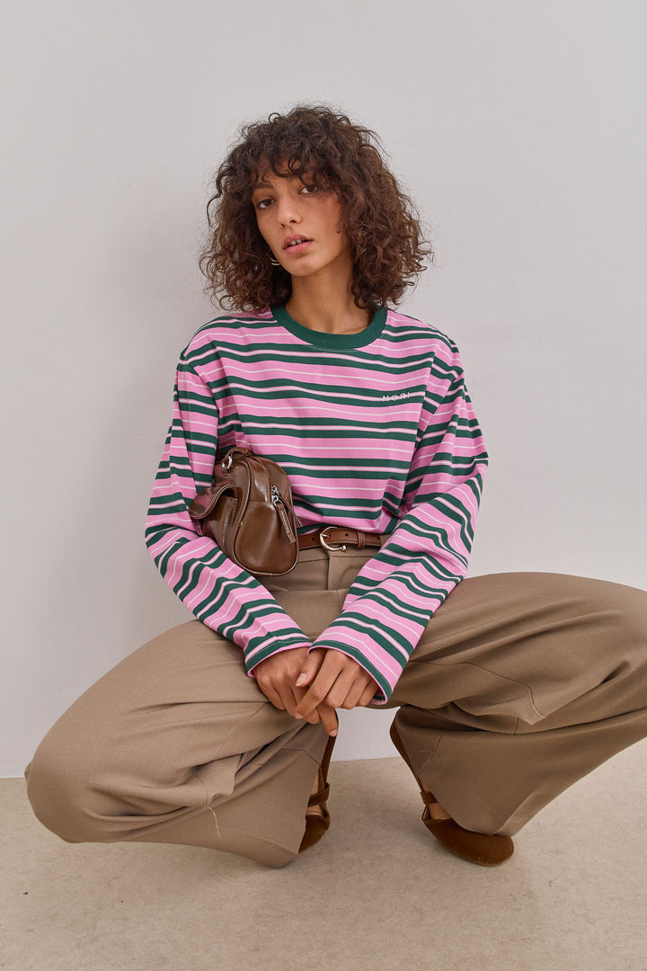 טי סטרייפס יאנה צווארון מובלט | ורוד/ירוק