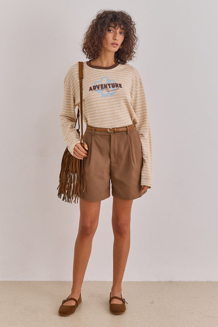 חולצת אליזבת' סטרייפס בשילוב פרינט |בז'/חום