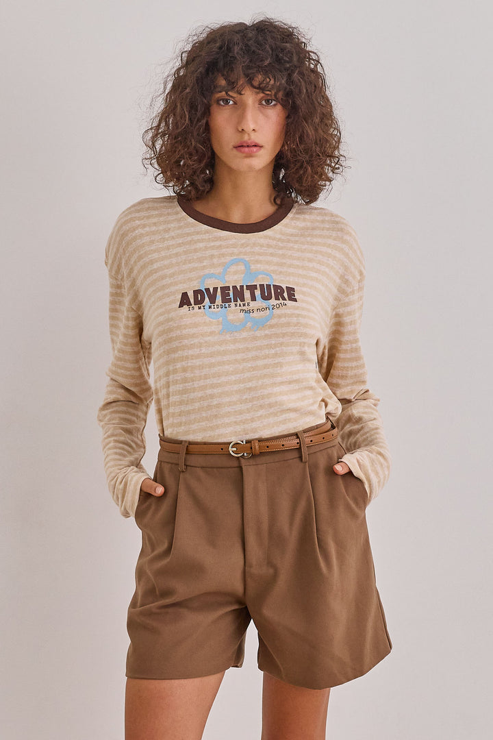 חולצת אליזבת' סטרייפס בשילוב פרינט |בז'/חום