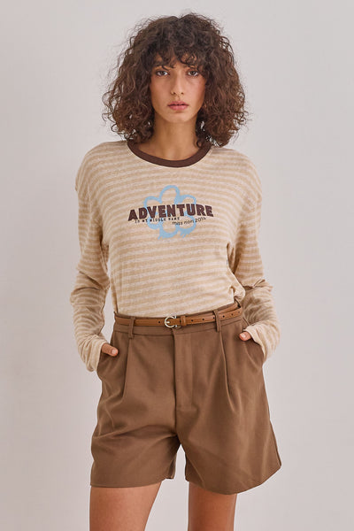 חולצת אליזבת' סטרייפס בשילוב פרינט |בז'/חום