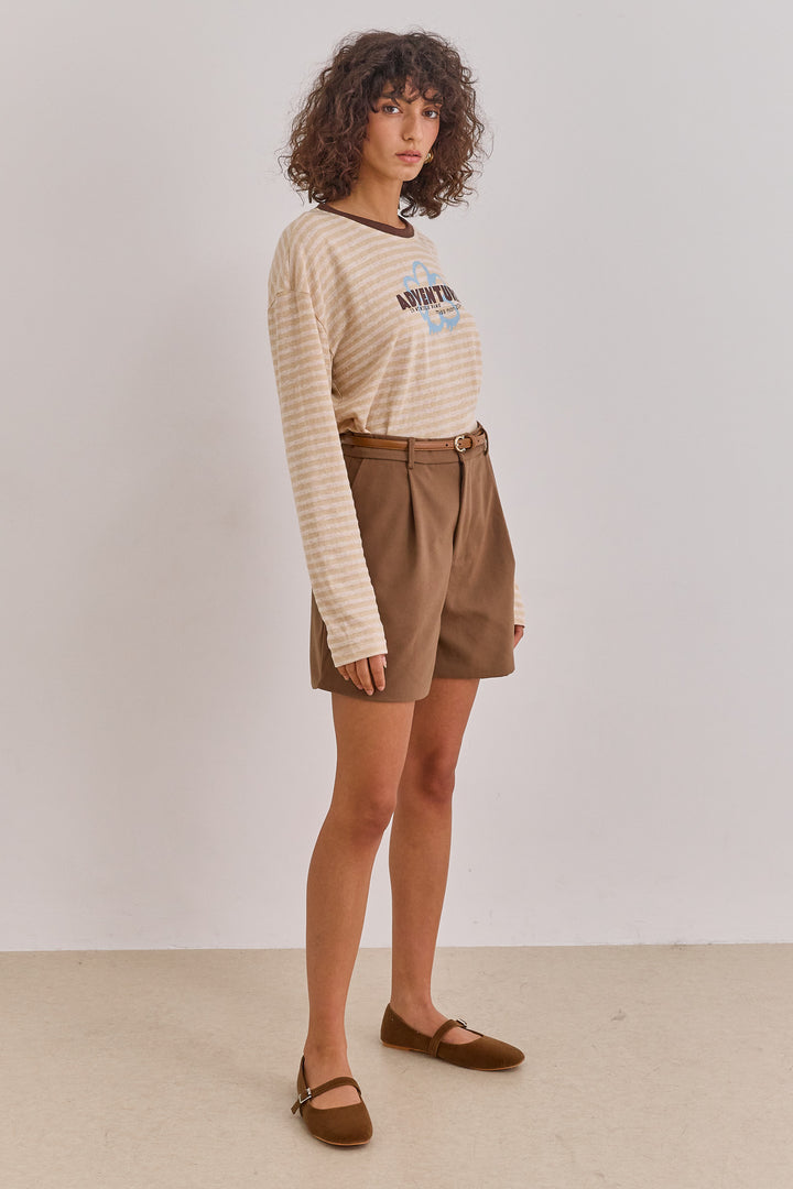 חולצת אליזבת' סטרייפס בשילוב פרינט |בז'/חום