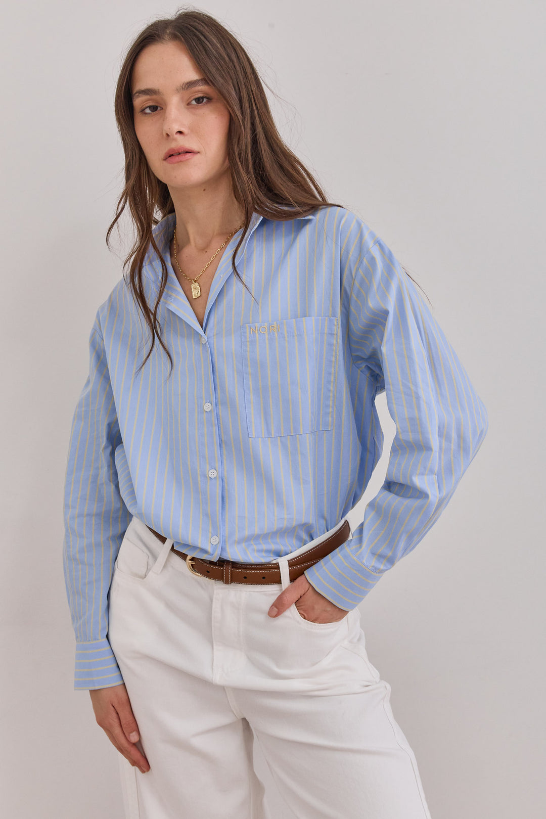 מכופתרת איוון סטרייפס | תכלת/צהוב