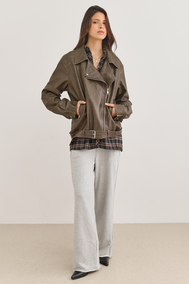 מעיל דמוי עור אלינוי במראה משופשף | חום כהה