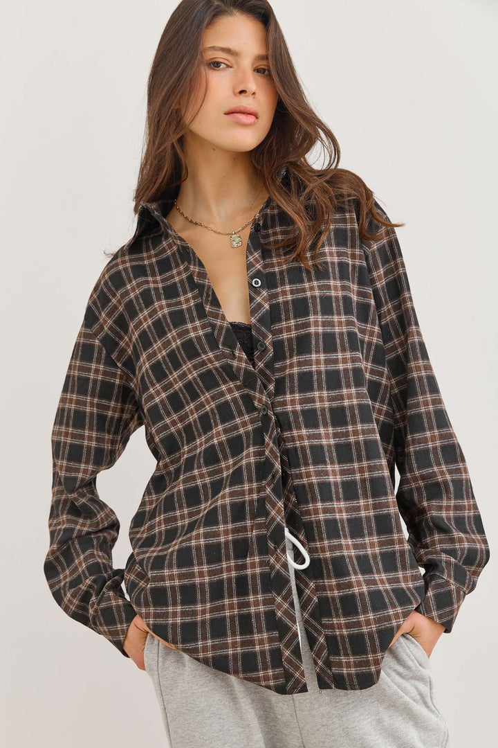 מכופתרת לילו משבצות גזרת אוברסייז | שחור/חום