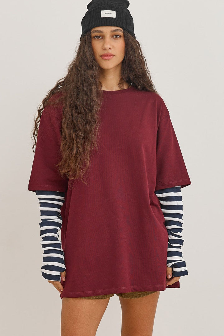 טי שירט דייב שרוול פסים כפול | בורדו/כחול נייבי