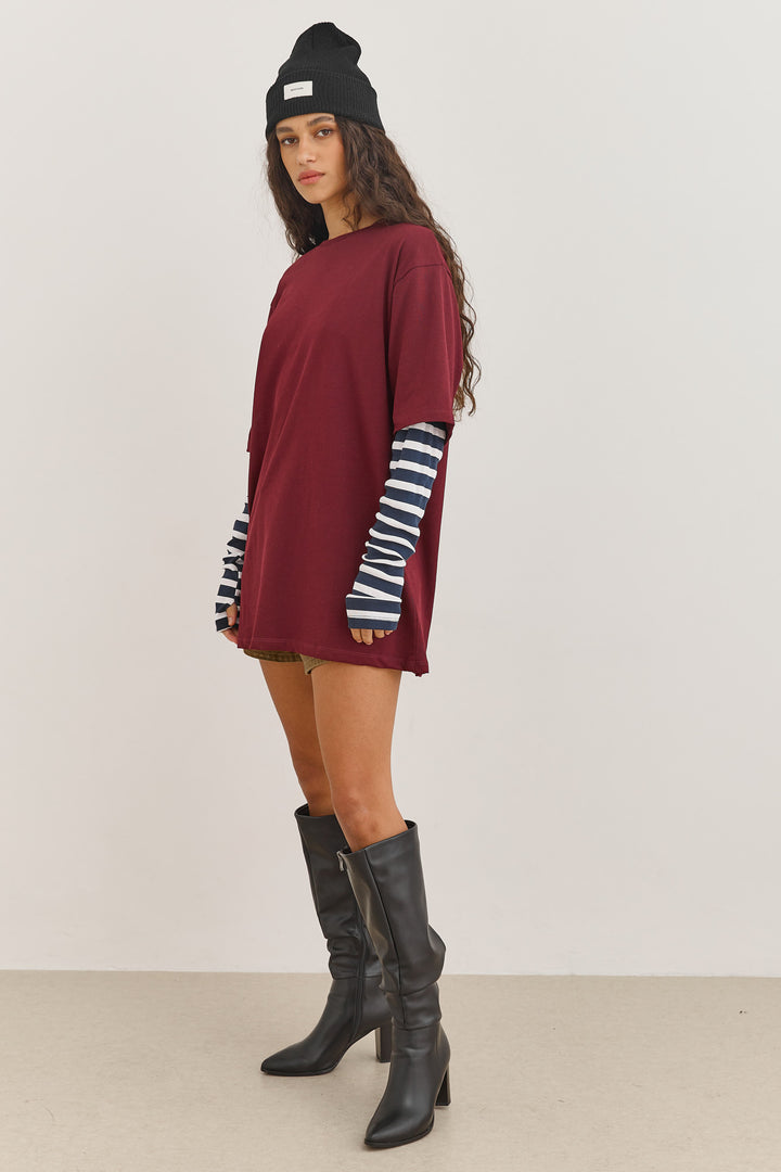 טי שירט דייב שרוול פסים כפול | בורדו/כחול נייבי