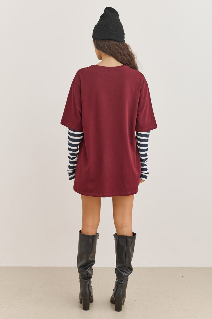 טי שירט דייב שרוול פסים כפול | בורדו/כחול נייבי