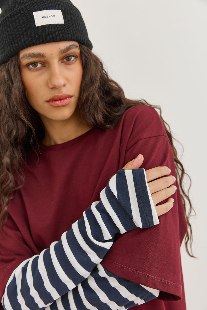 טי שירט דייב שרוול פסים כפול | בורדו/כחול נייבי