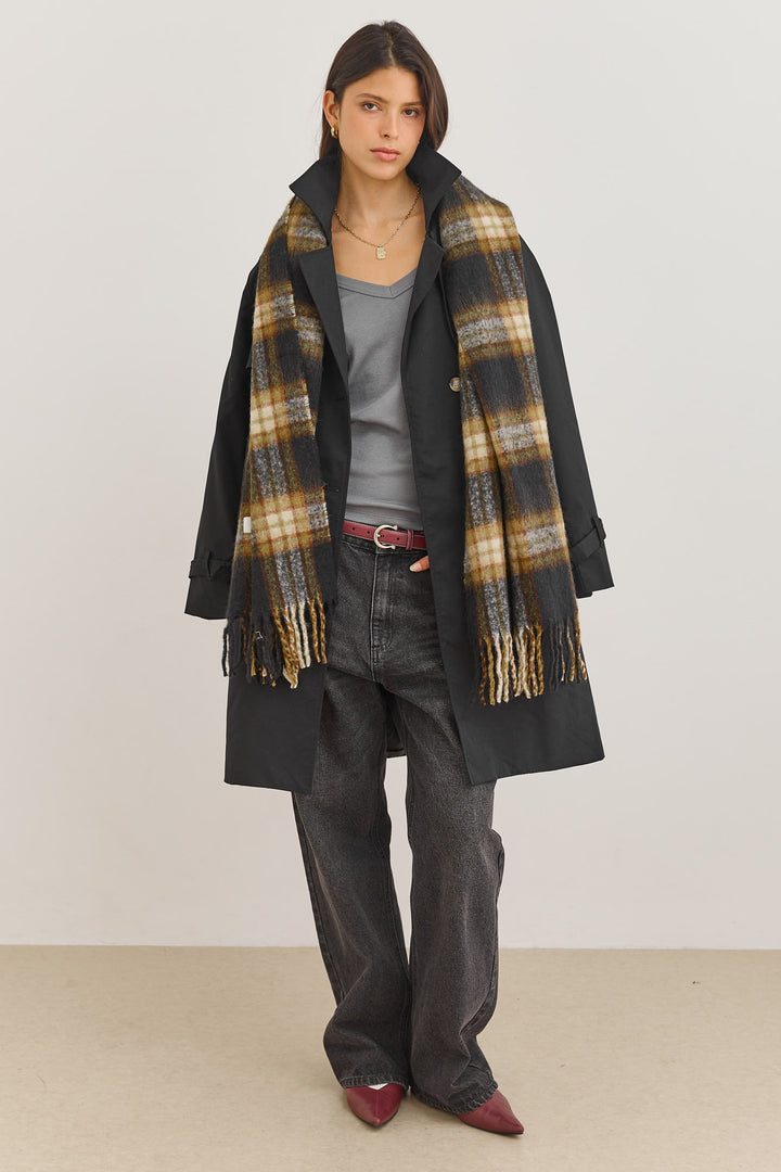 צעיף משבצות גאלה סיומת פרנזים | שחור/צהוב