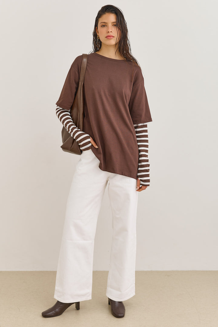 טי שירט דייב שרוול פסים כפול | חום/לבן