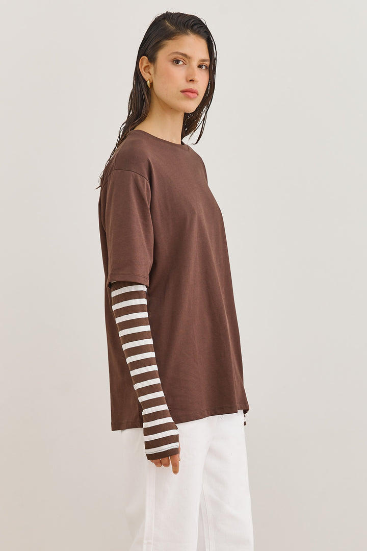 טי שירט דייב שרוול פסים כפול | חום/לבן