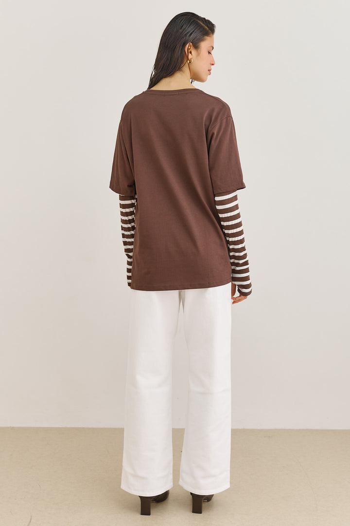 טי שירט דייב שרוול פסים כפול | חום/לבן