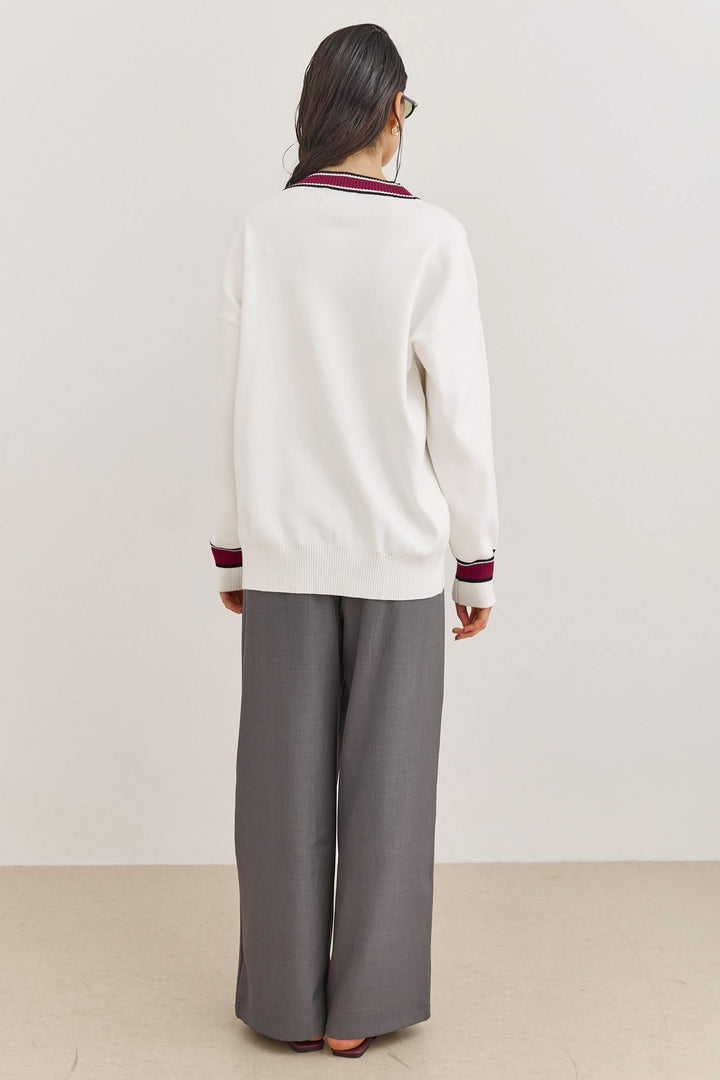 קרדיגן סריג אליזה דיטיילז פסים | לבן/בורדו