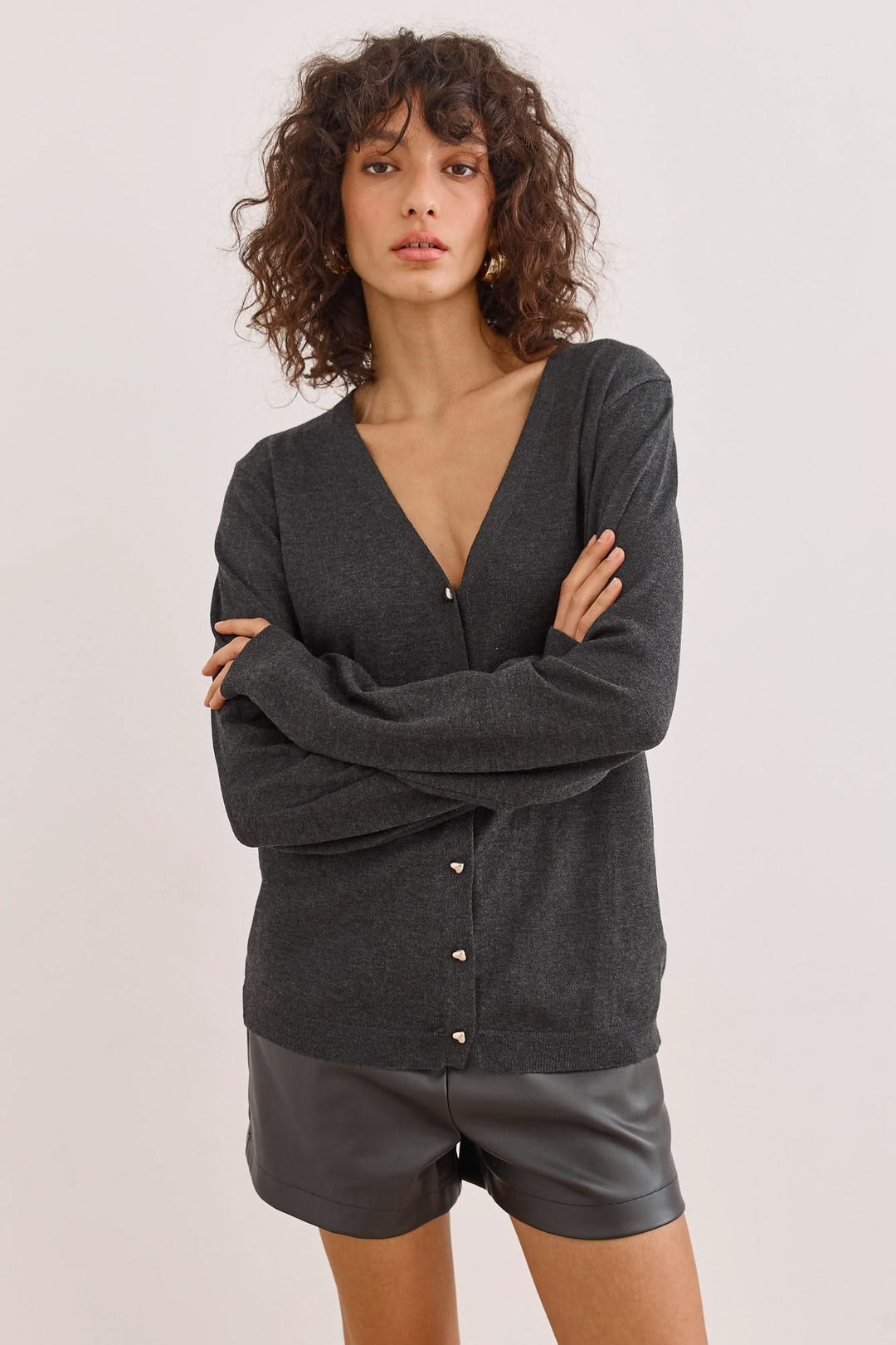 קרדיגן סריג הארי כפתורי לב | אפור