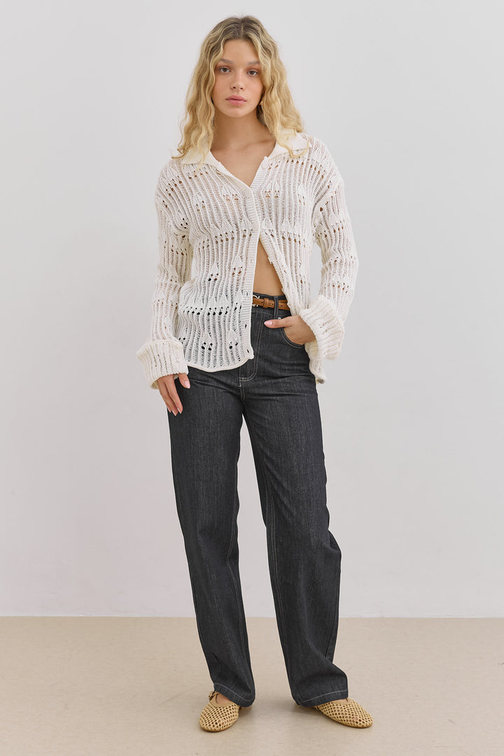 סריג כפתורים אוולין בד מחורר | שמנת