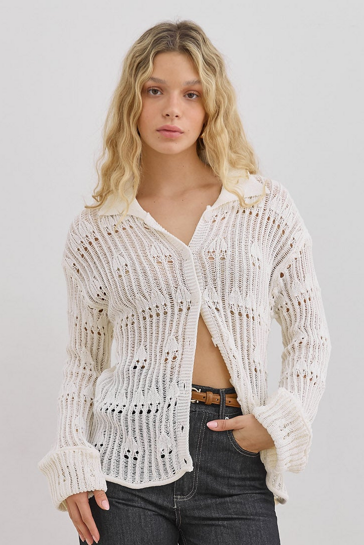 סריג כפתורים אוולין בד מחורר | שמנת