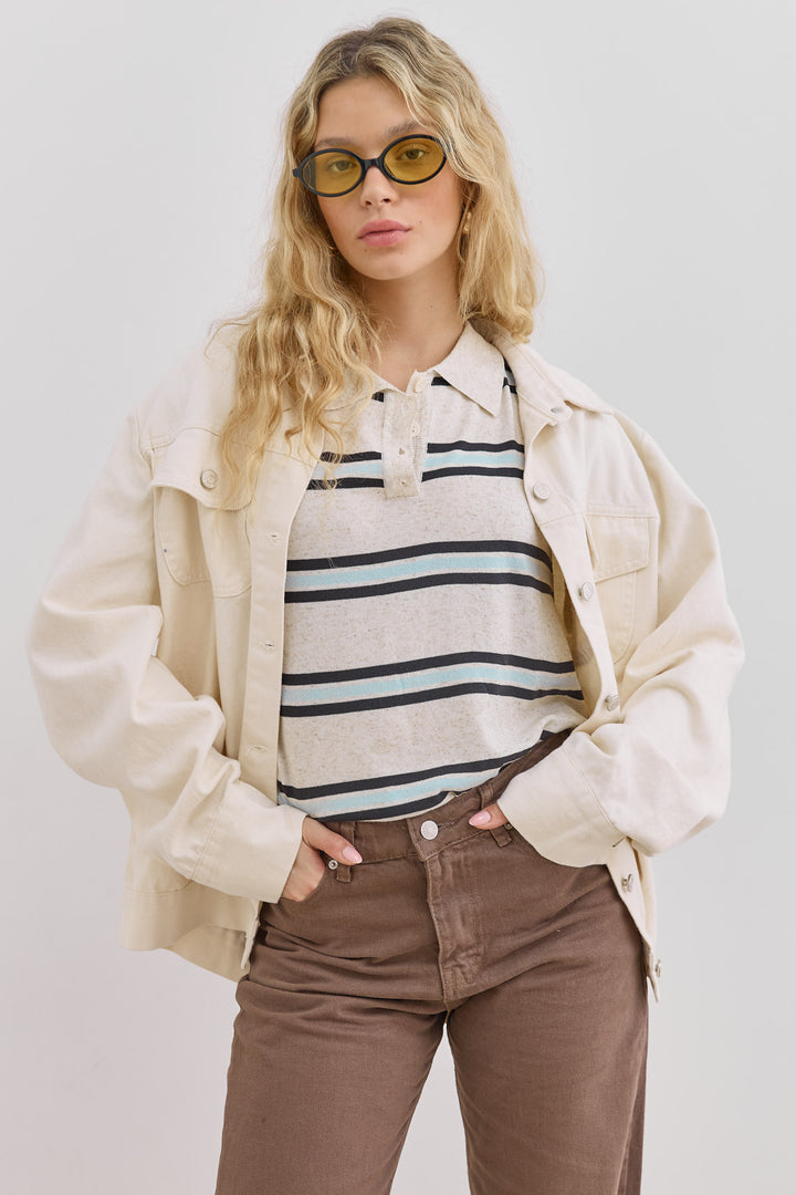 חולצת דניאל סטרייפס צווארון פולו | בז'/כחול