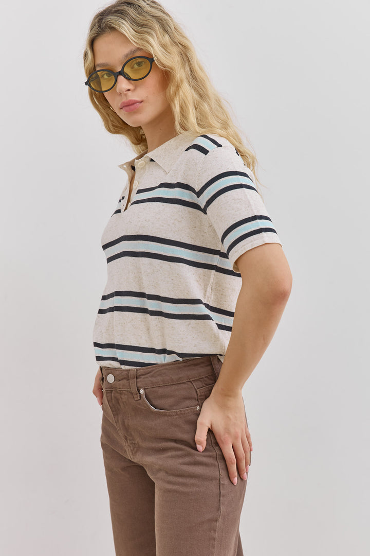 חולצת דניאל סטרייפס צווארון פולו | בז'/כחול