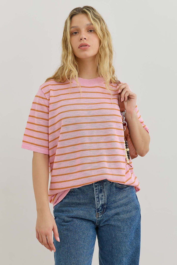 חולצת סריג סול סטרייפס | ורוד/כתום