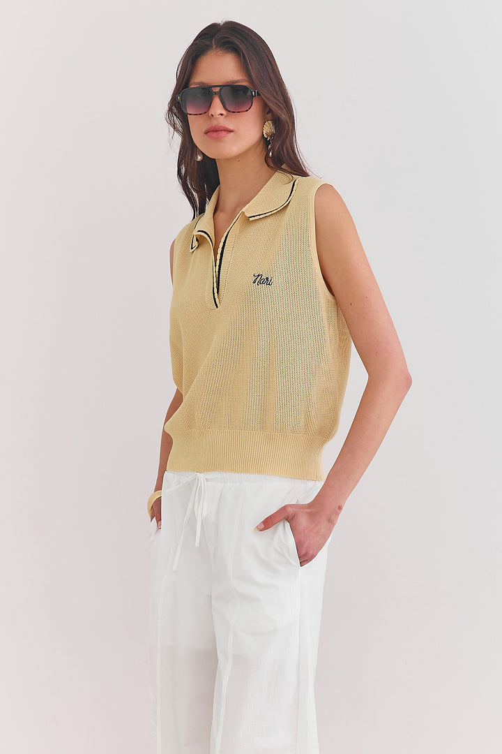 חולצת סריג דק איבון צווארון פולו | בז'