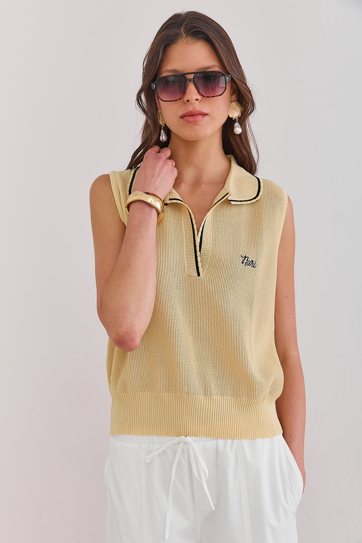 חולצת סריג דק איבון צווארון פולו | בז'