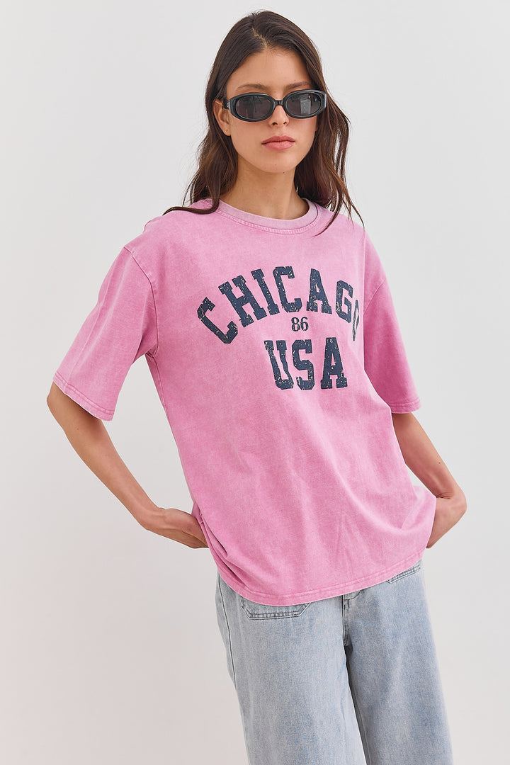 טי שירט אוברסייז CHICAGO וואש | ורוד