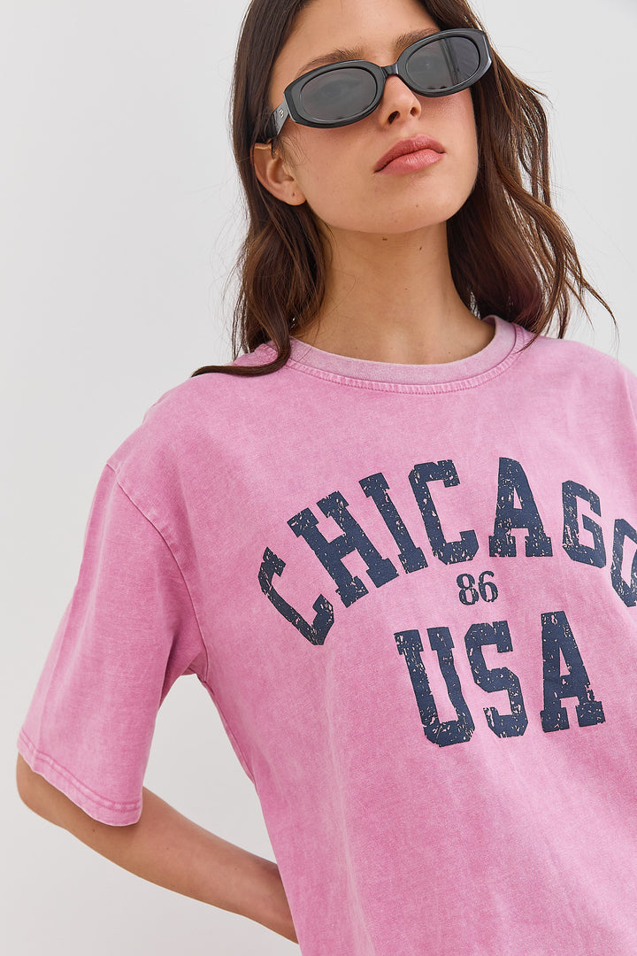 טי שירט אוברסייז CHICAGO וואש | ורוד
