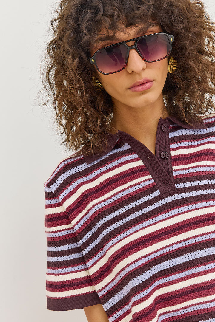 חולצת סריג לינה סטרייפס צווארון פולו | צבעוני