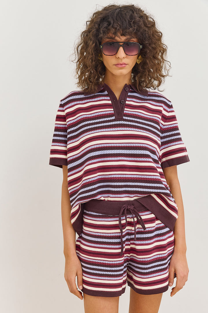 חולצת סריג לינה סטרייפס צווארון פולו | צבעוני