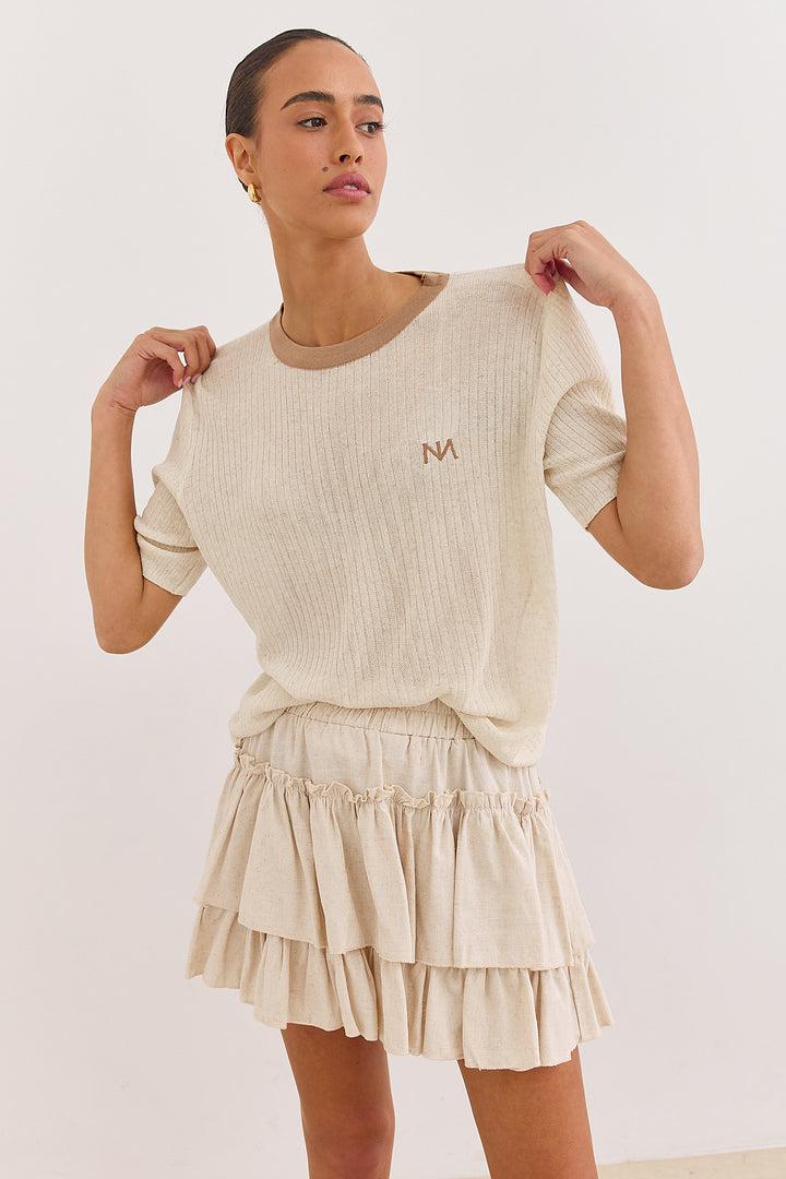 חולצת לוגו נורי בד סריג שקפקף | בז'/חום